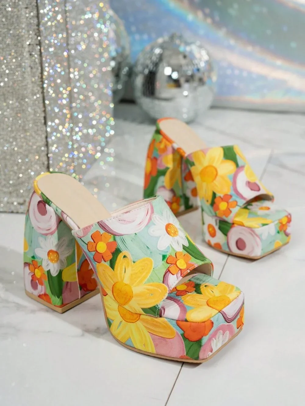 Multicolor Casual Women's High Heel Sandals with Tropical Print
